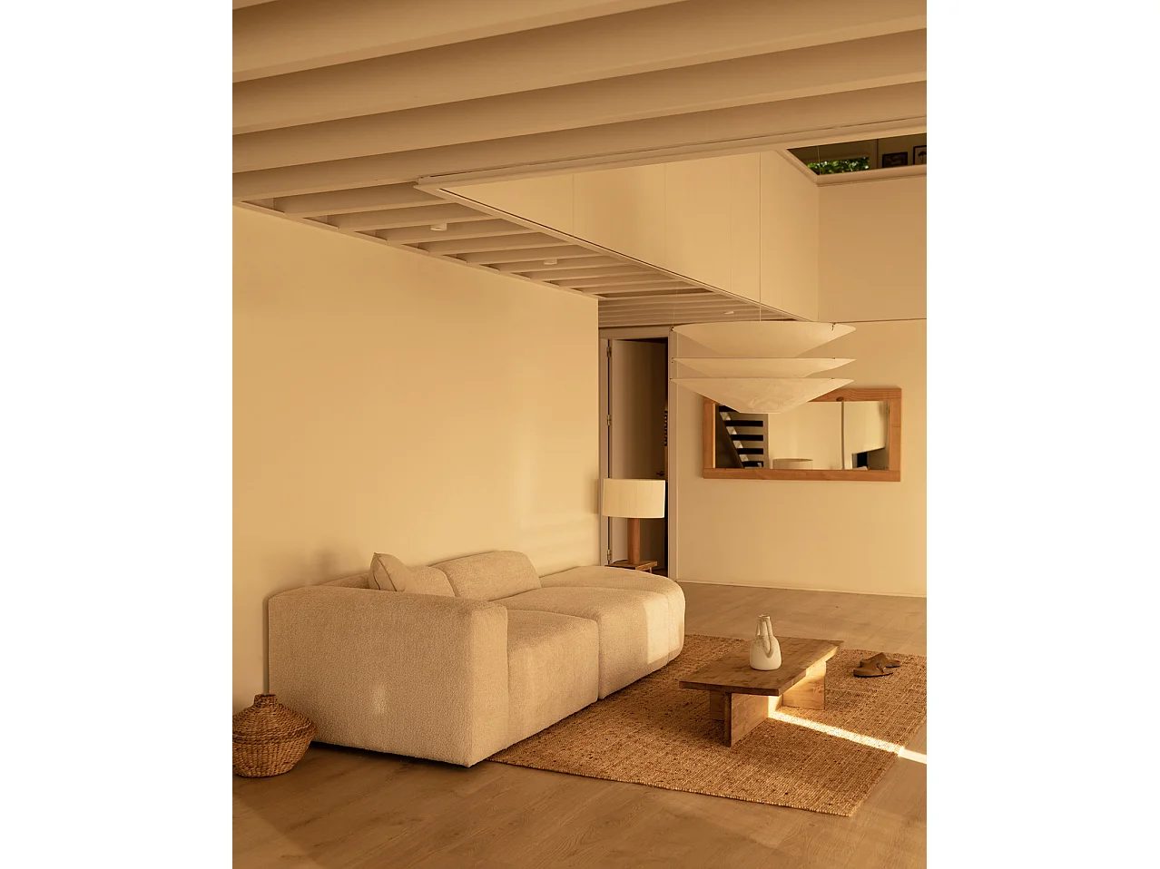 Divano a 3 moduli con curva a destra in bouclé colore beige 320x110cm