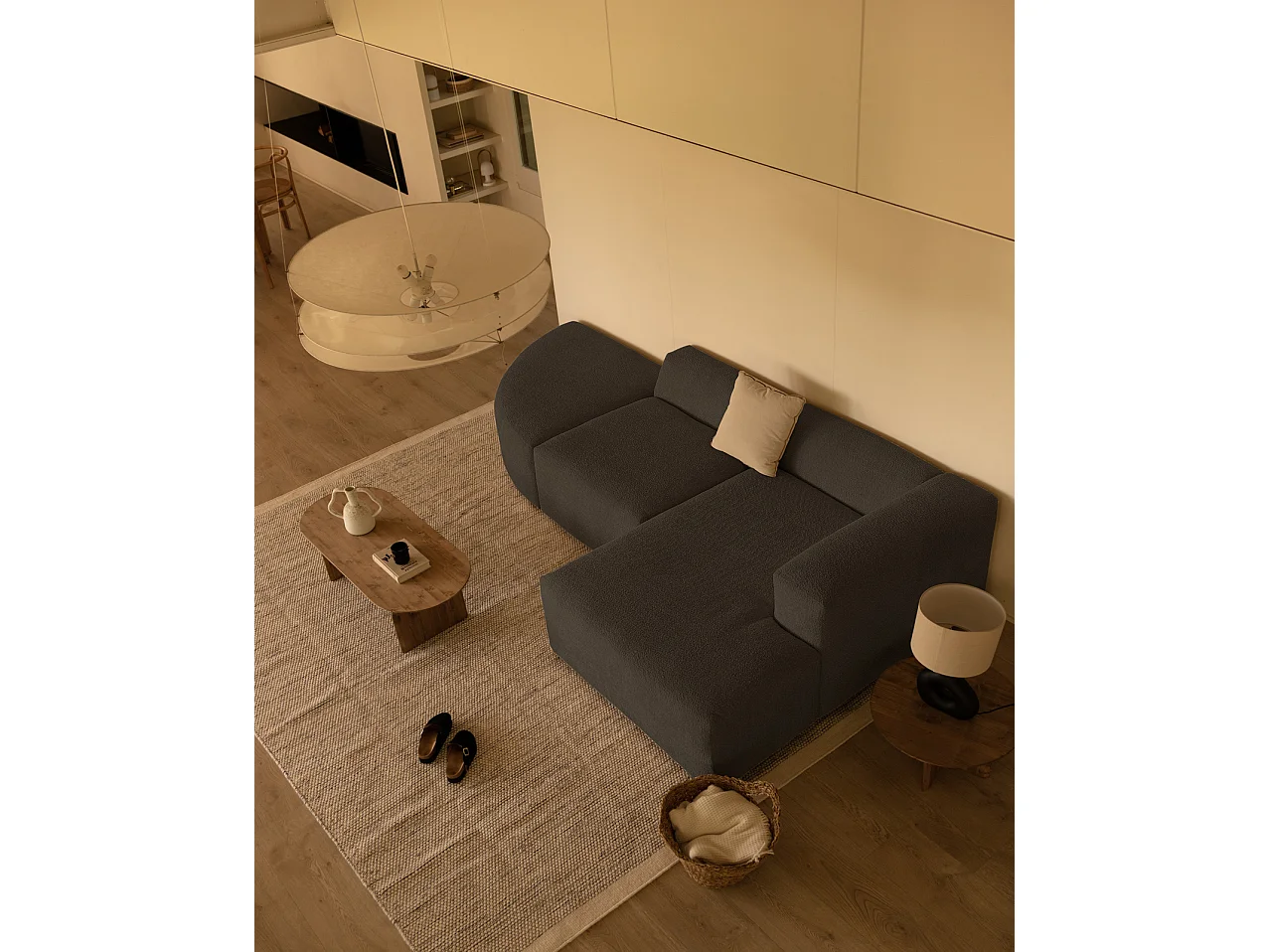 Divano curvo a 3 moduli con CHL destra bouclé grigio scuro 320x172cm