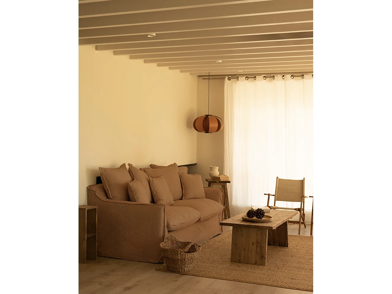 Sofá de 3/4 plazas de algodón y lino desenfundable color teja 220x95x100cm - MIA - DECOWOOD