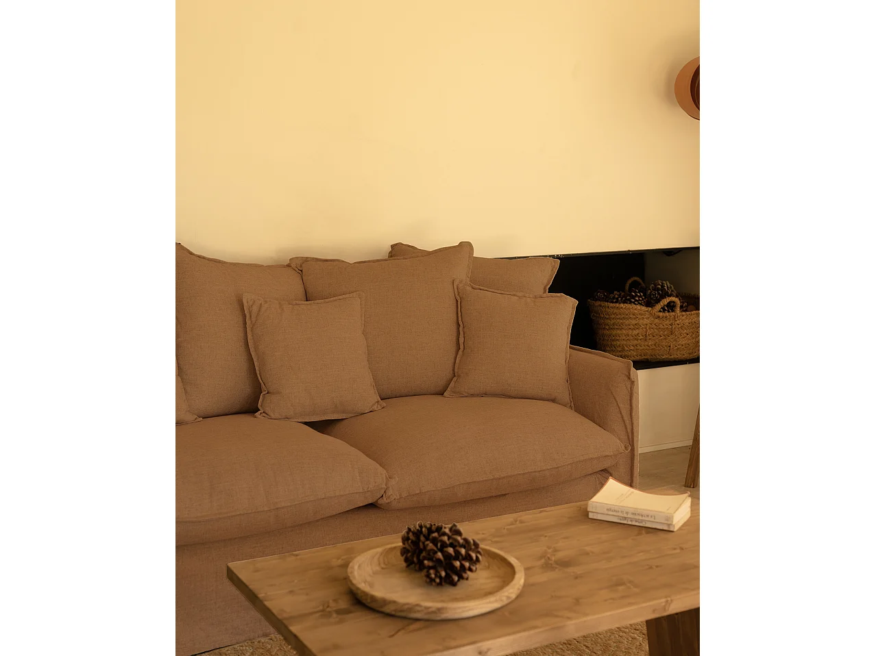 Sofá de 3/4 plazas de algodón y lino desenfundable color teja 220x95x100cm - MIA - DECOWOOD