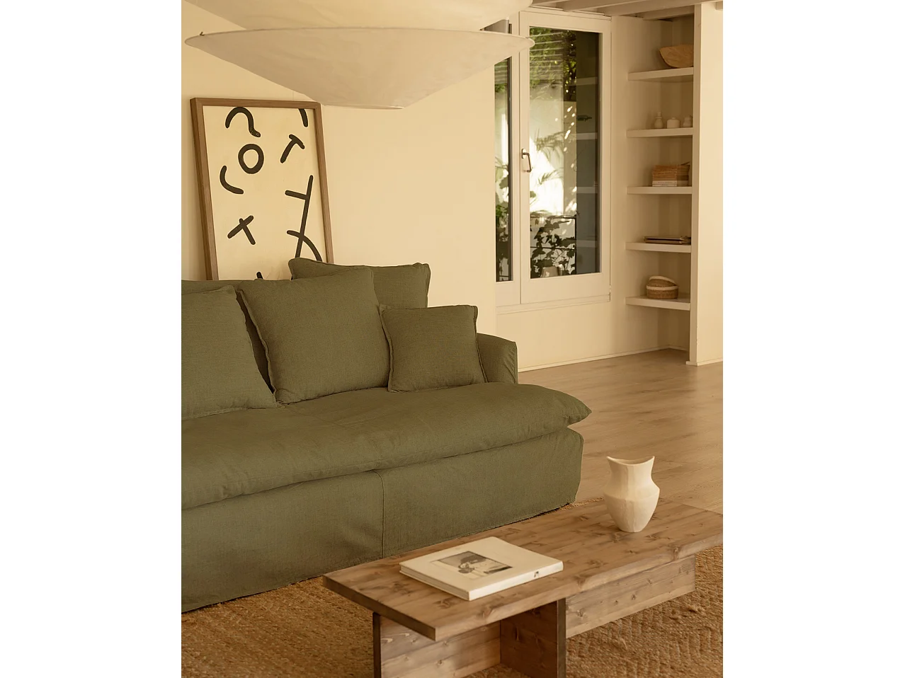 Sofá 2/3 plazas fondo medio de algodón y lino desenfundable verde 250x95x130cm - MIA - DECOWOOD