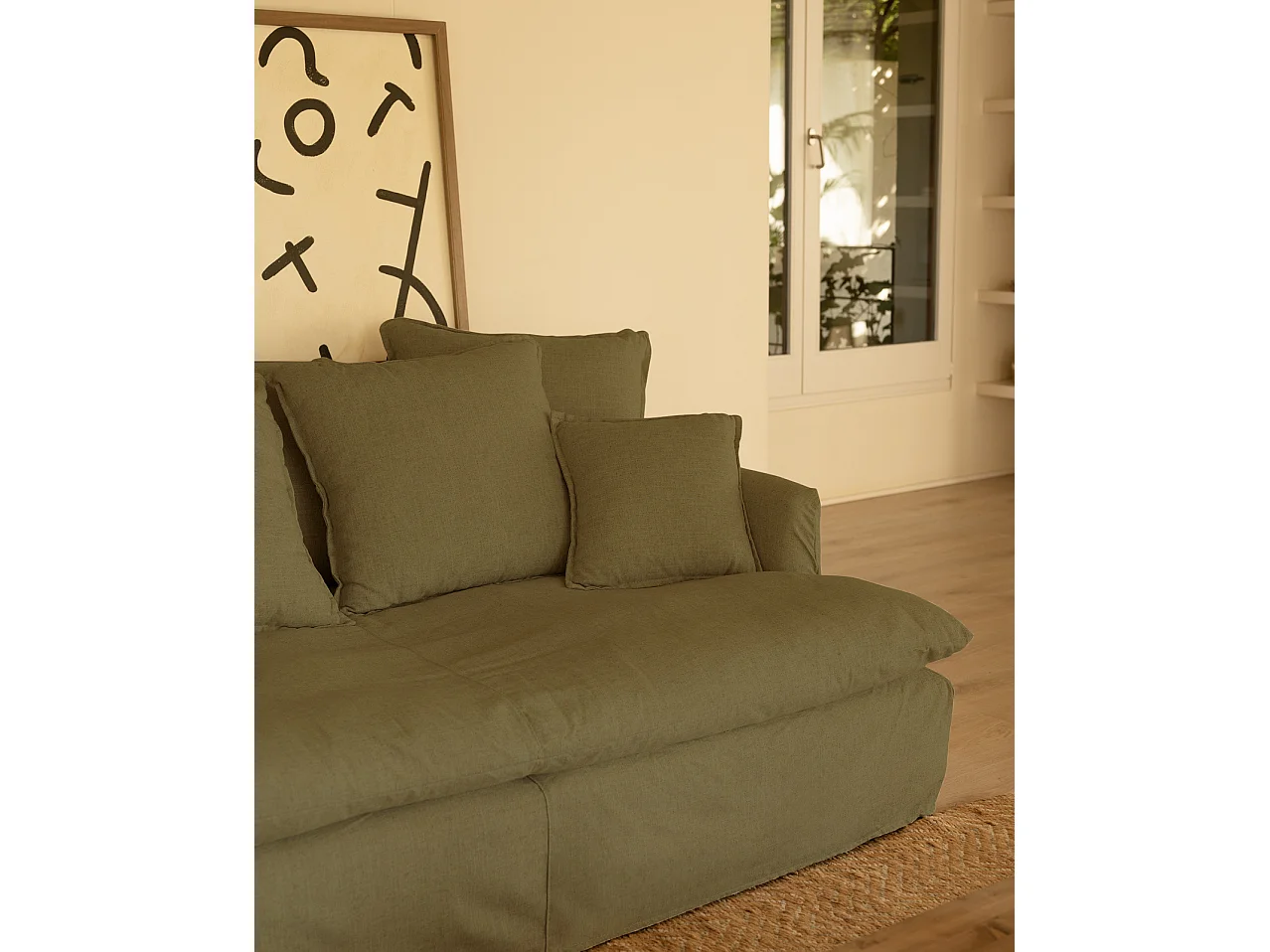 Sofá 2/3 plazas fondo medio de algodón y lino desenfundable verde 250x95x130cm - MIA - DECOWOOD