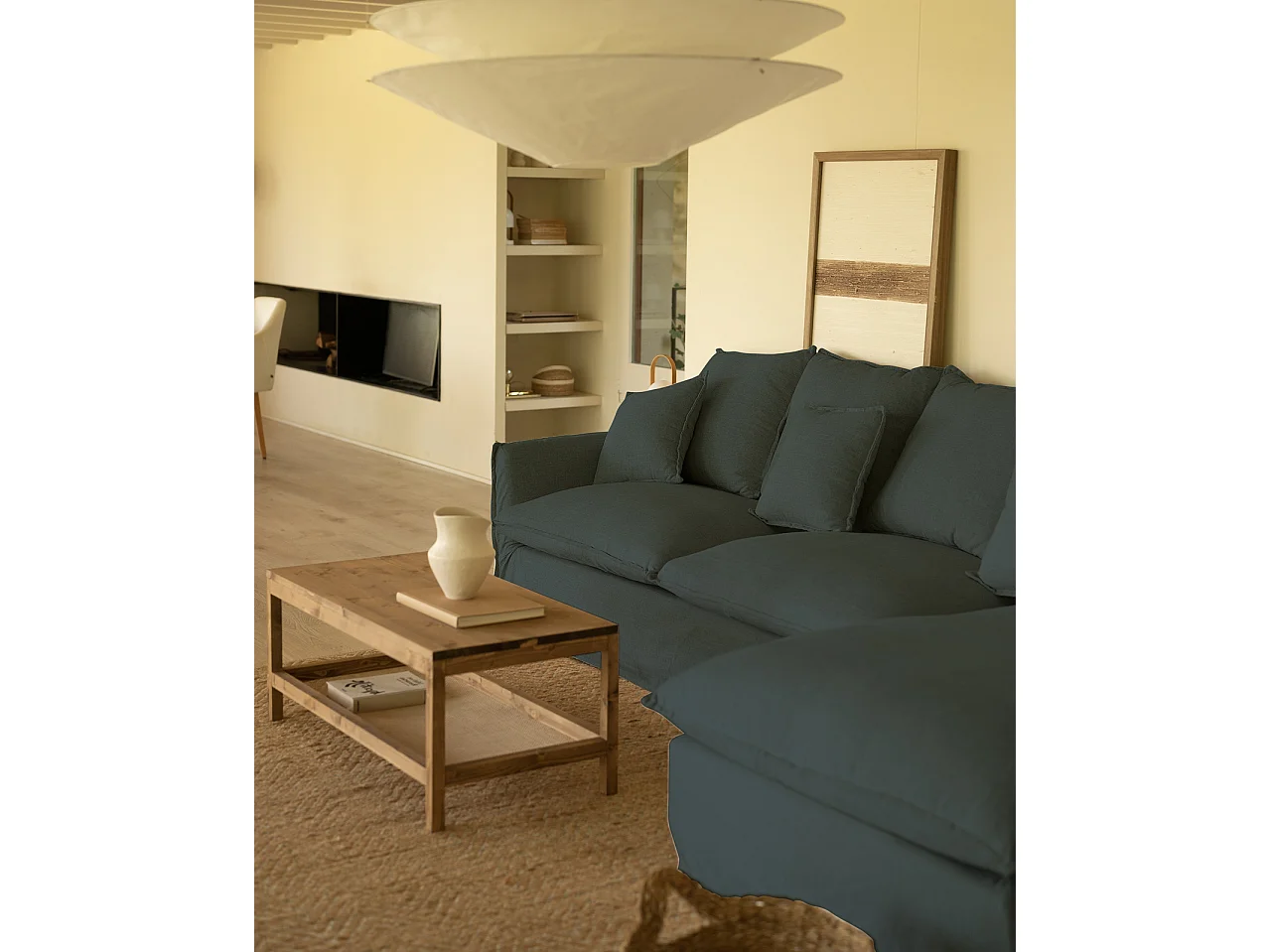 Sofá con chaise longue derecho desenfundable azul 3 plazas 278x95x170cm - MIA - DECOWOOD