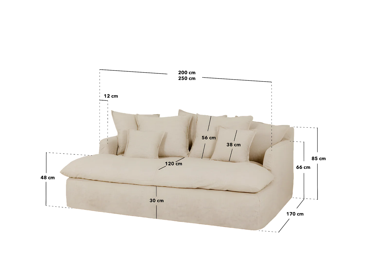 Sofá 2/3 plazas fondo largo de algodón y lino desenfundable beige 250x95x170cm - MIA - DECOWOOD