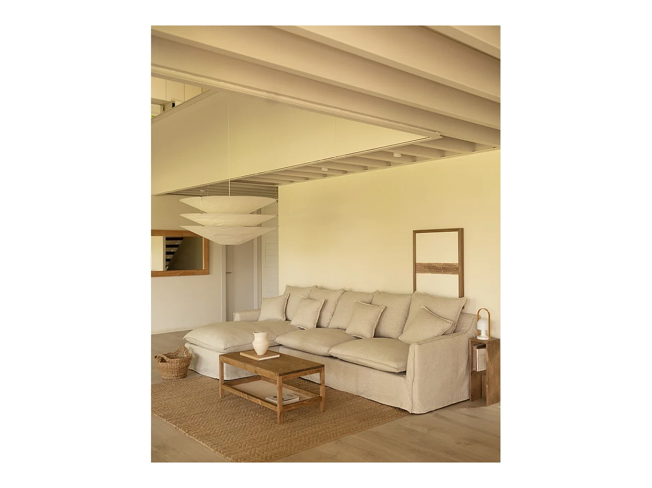 Canapé 3 places d'angle gauche en coton et lin déhoussable beige