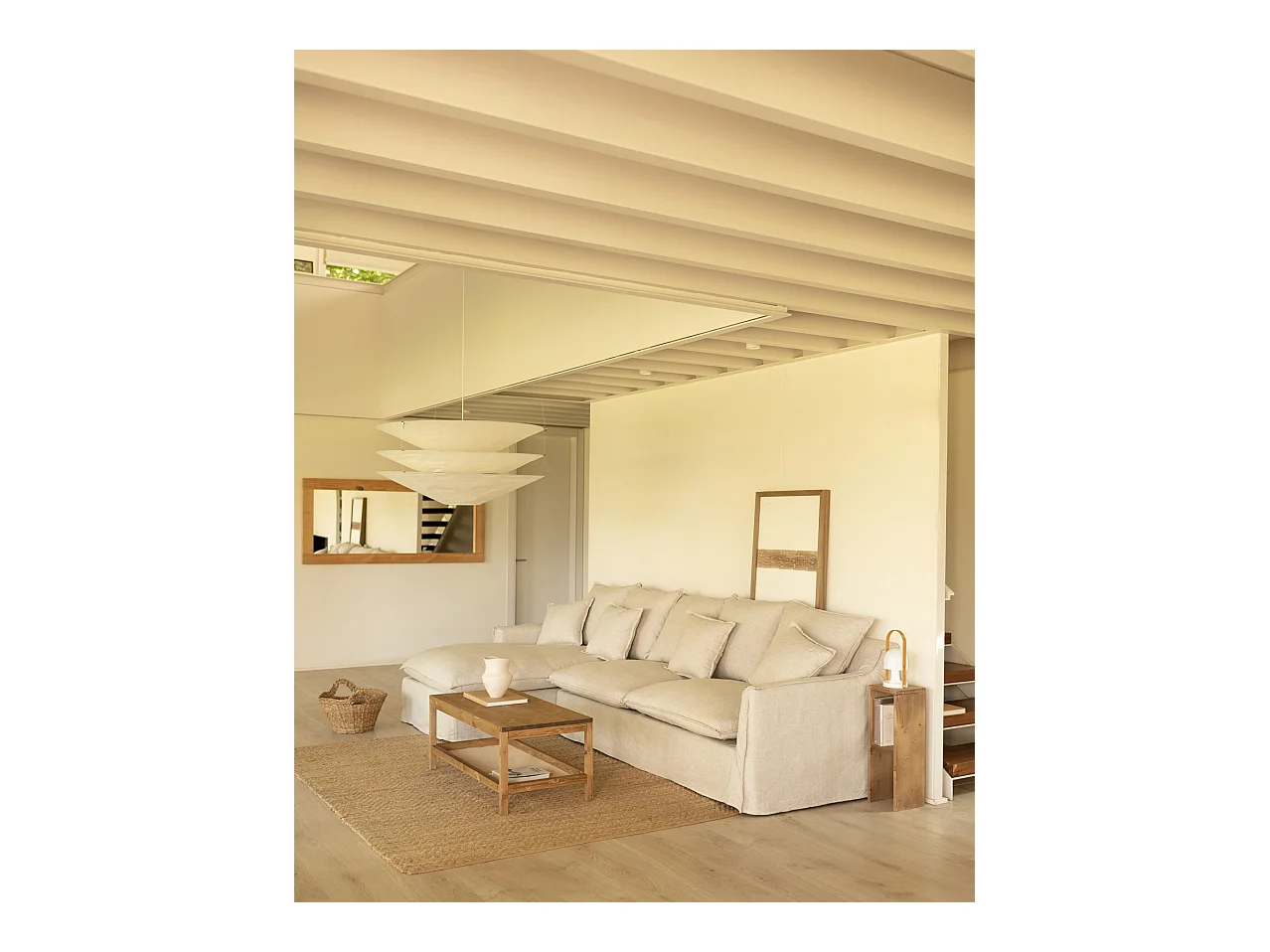 Canapé 3 places d'angle gauche en coton et lin déhoussable beige