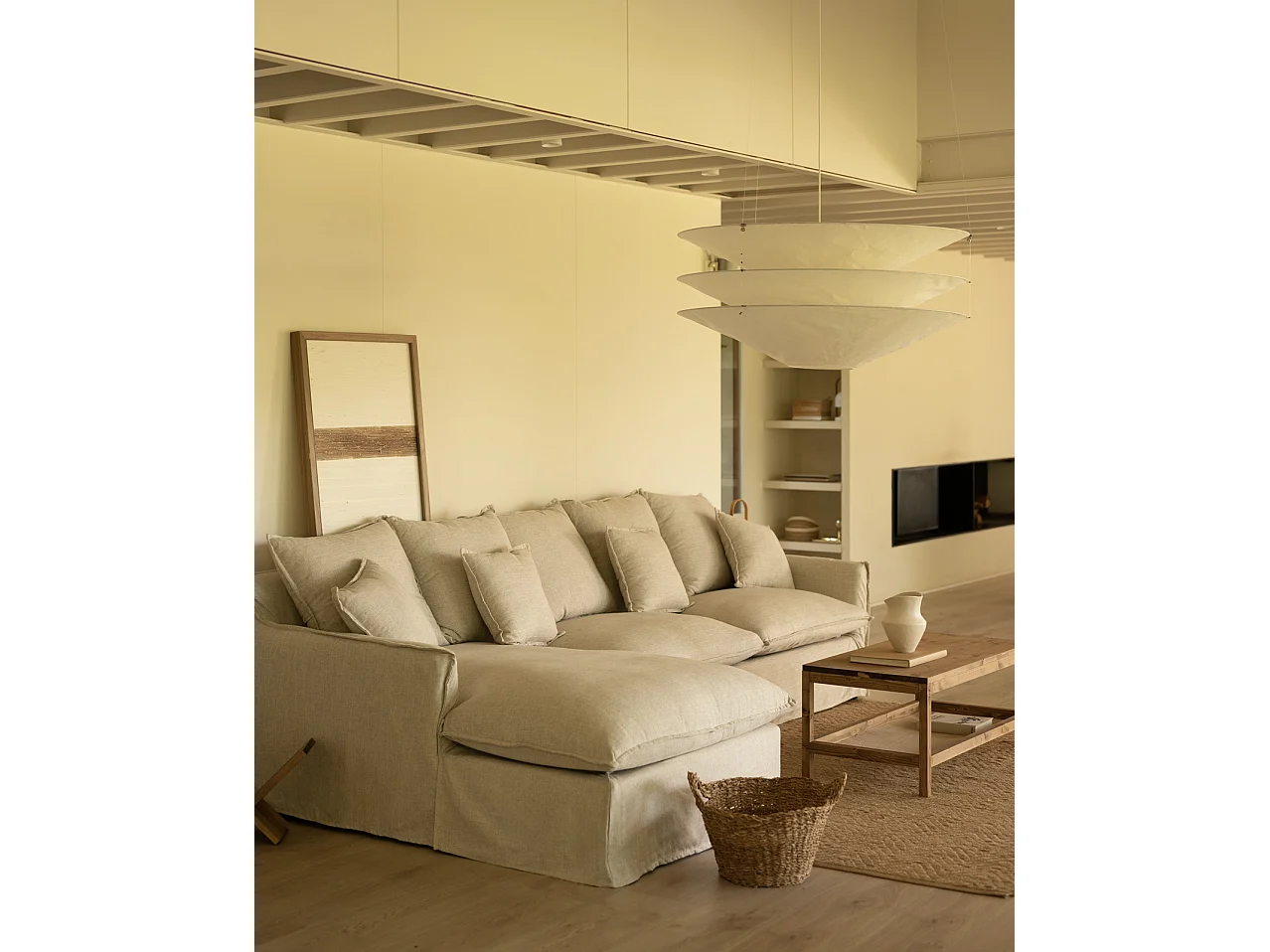 Canapé 3 places d'angle gauche en coton et lin déhoussable beige