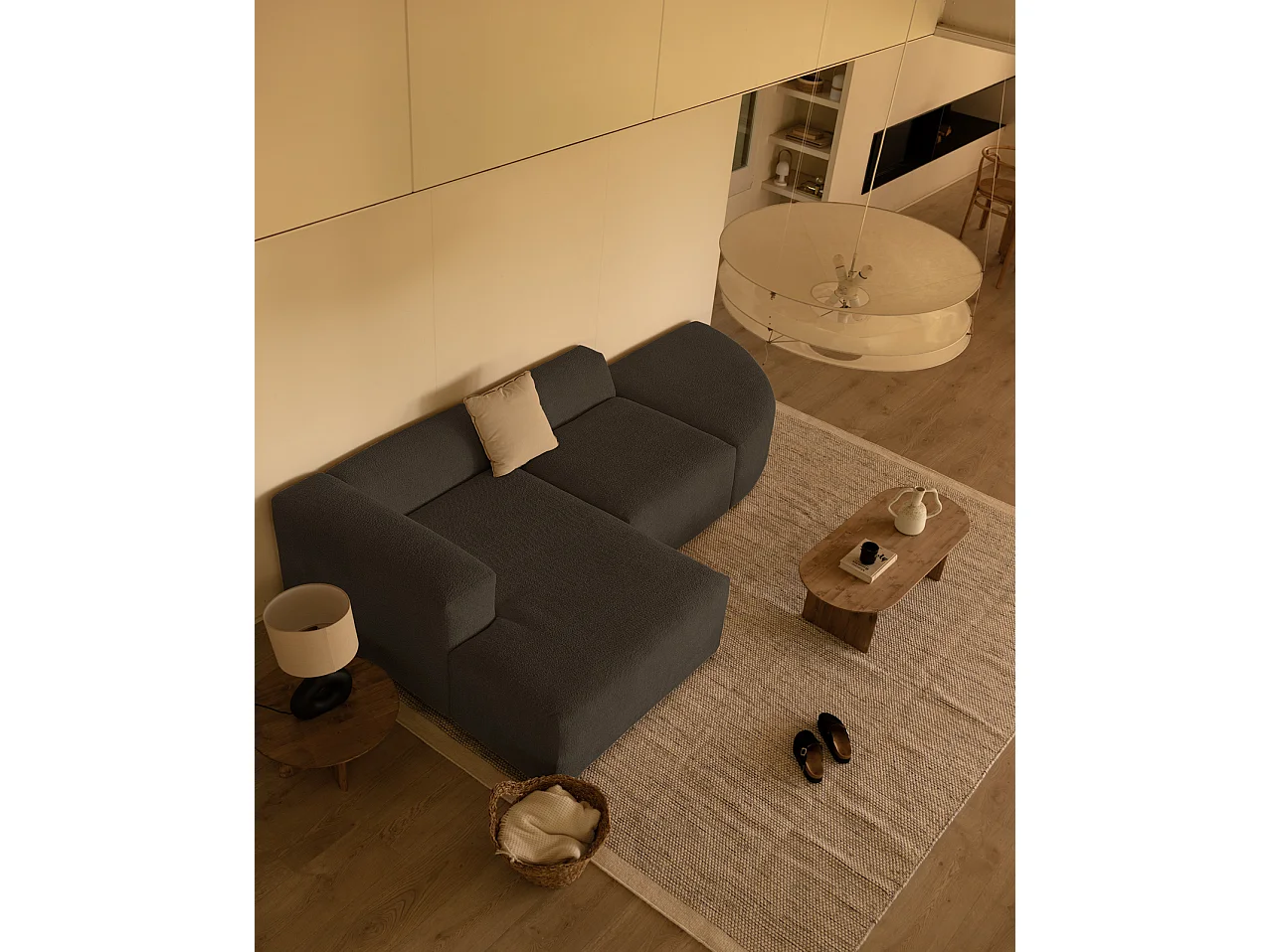 Sofá de 3 módulos curvo con chaise longue izquierdo bouclé gris oscuro 320x70x172cm - BERTA - DECOWOOD