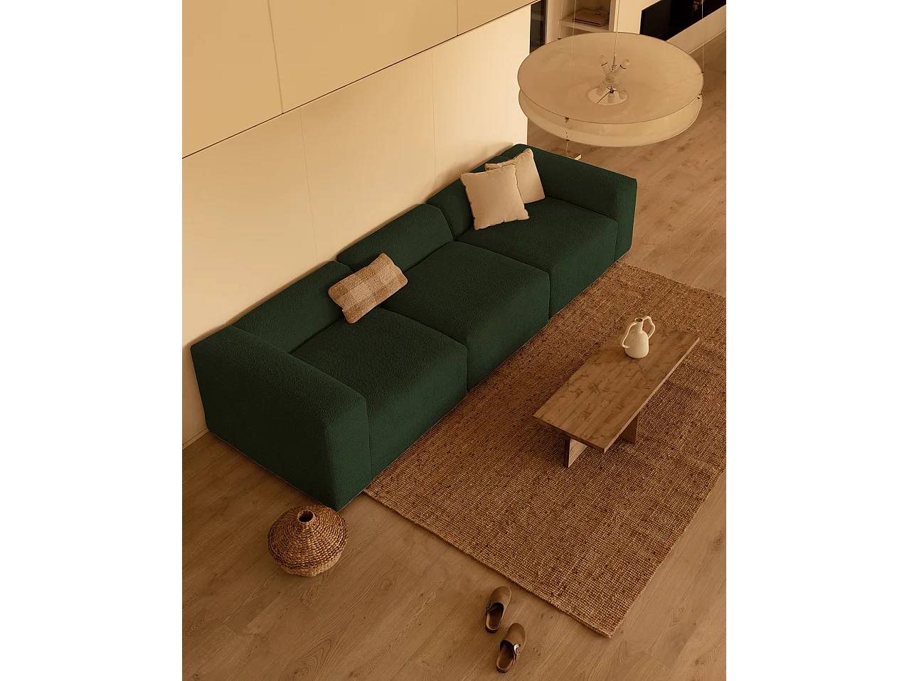 Divano a 3 moduli in bouclé verde 330x110cm