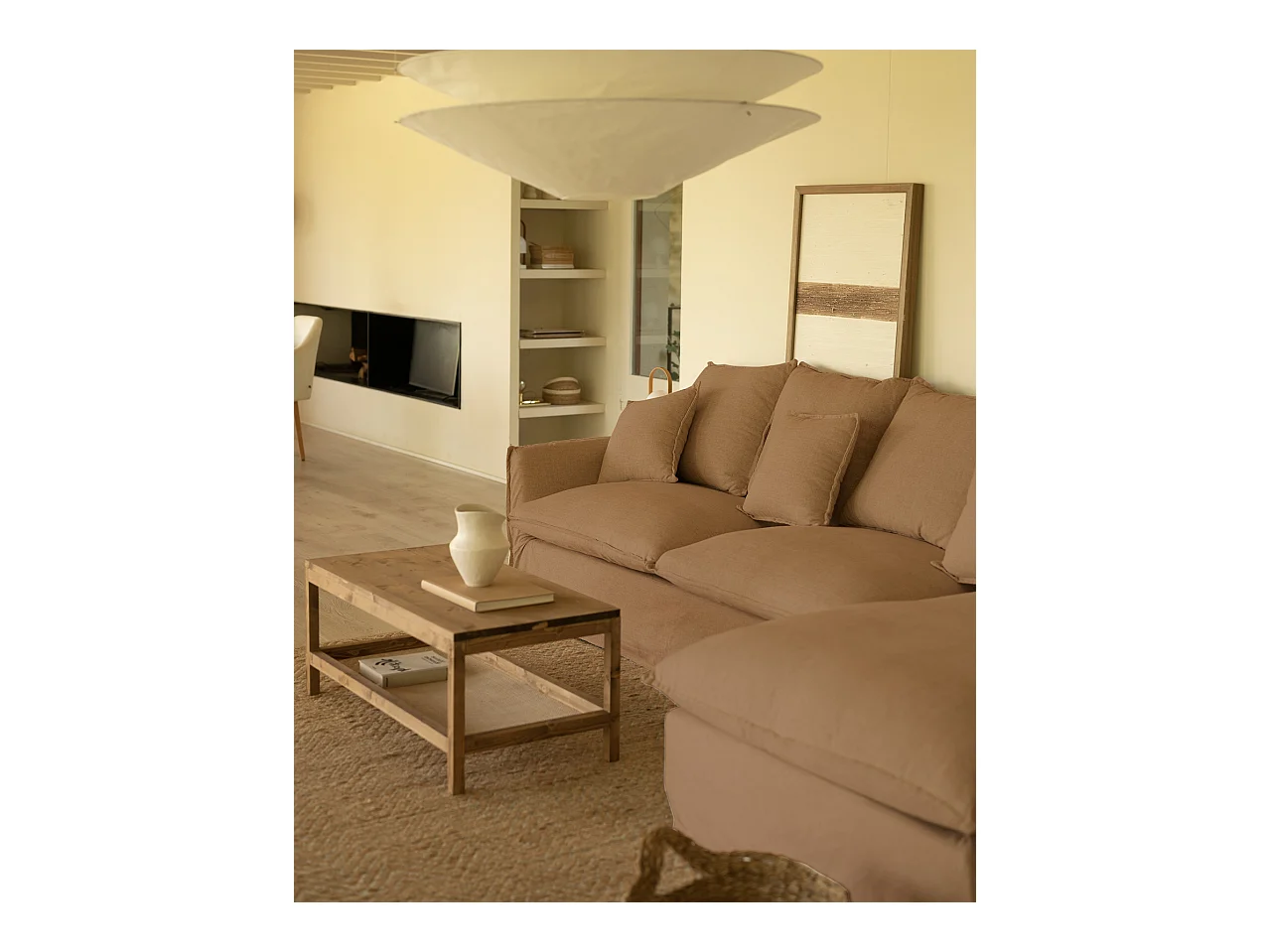 Canapé 4/5 places d'angle droite en coton et lin déhoussable tuile