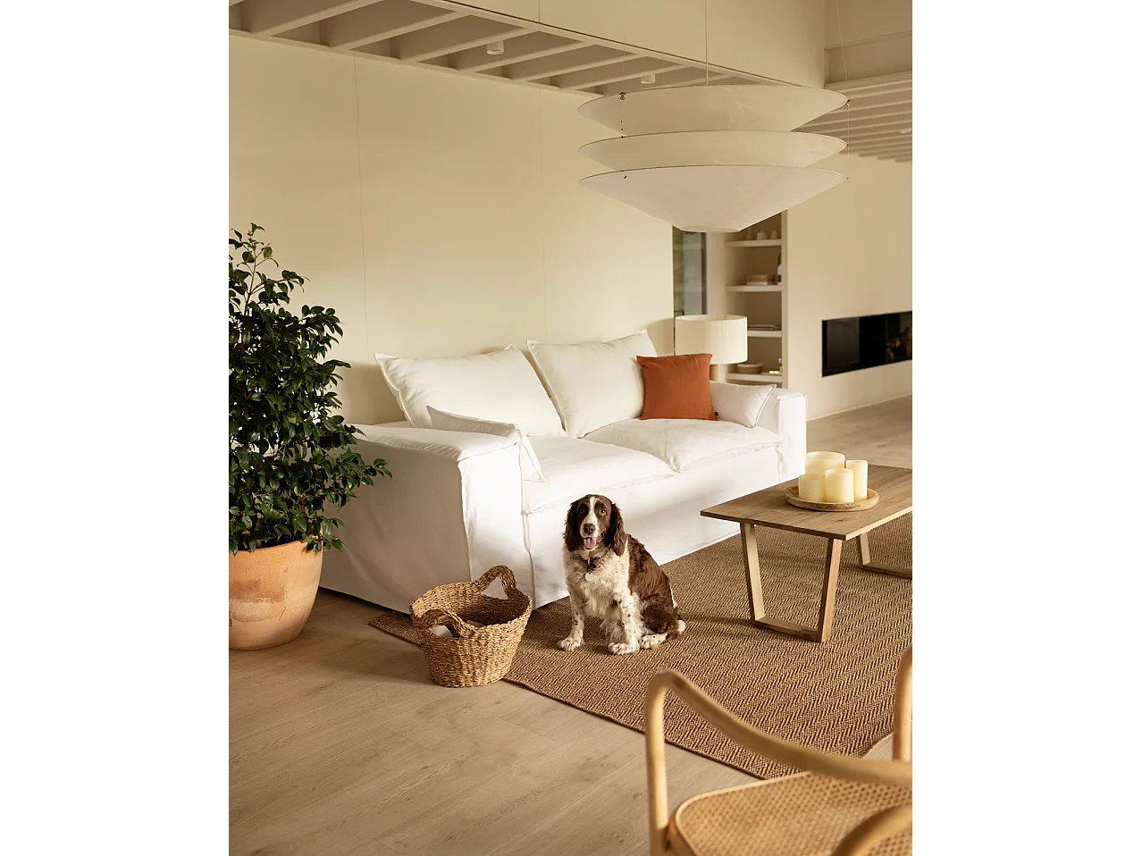 Sofá de 4 plazas de lino desenfundable color blanco 260x90x110cm - VEGA - DECOWOOD