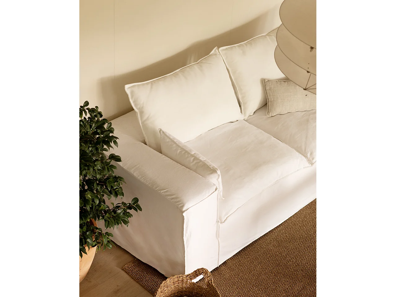 Sofá de 4 plazas de lino desenfundable color blanco 260x90x110cm - VEGA - DECOWOOD