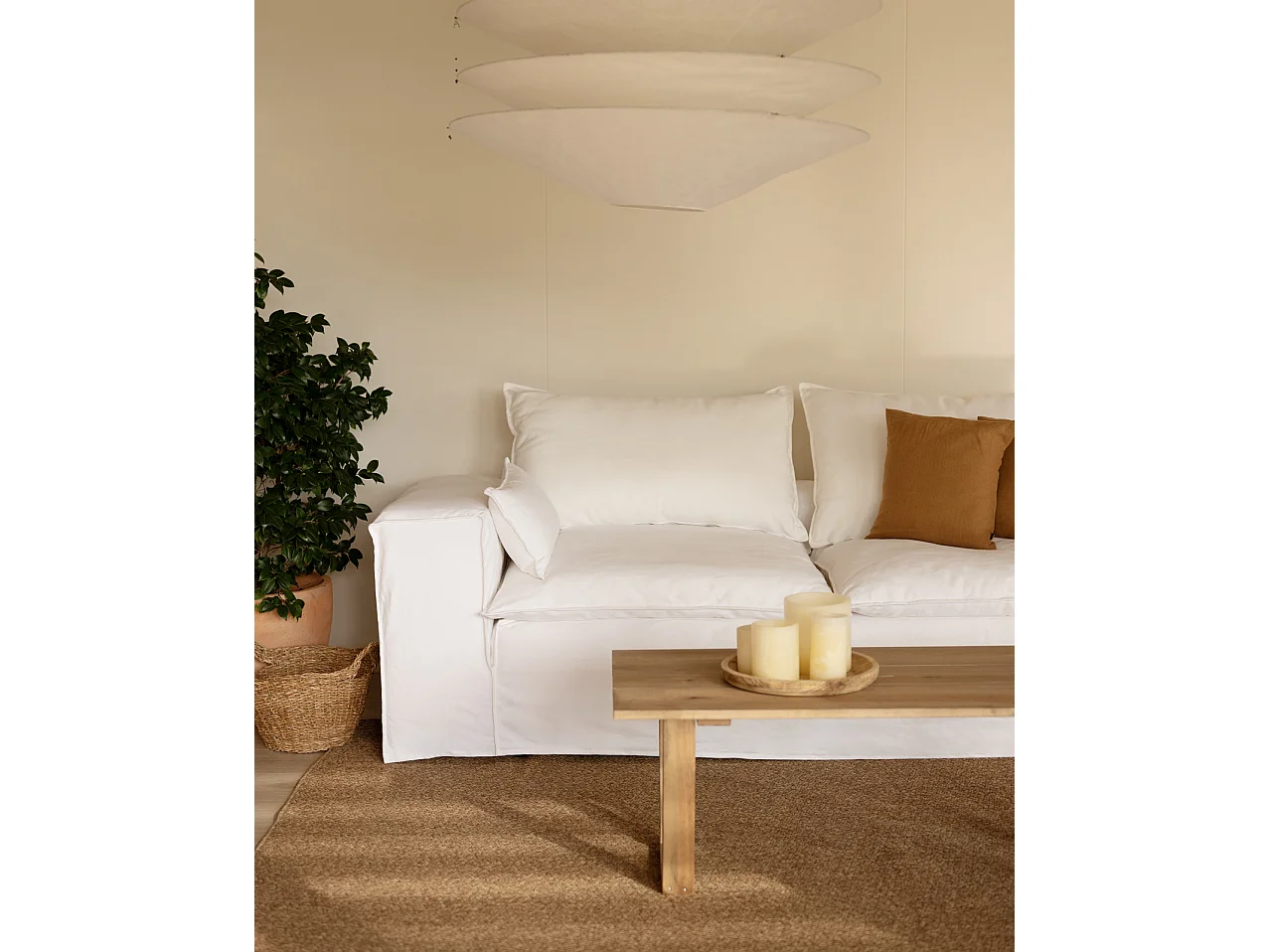 Sofá de 4 plazas de lino desenfundable color blanco 260x90x110cm - VEGA - DECOWOOD