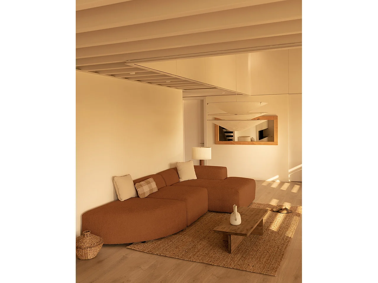 Sofá de 3 módulos curvo con chaise longue derecho bouclé cobre 320x70x172cm - BERTA - DECOWOOD