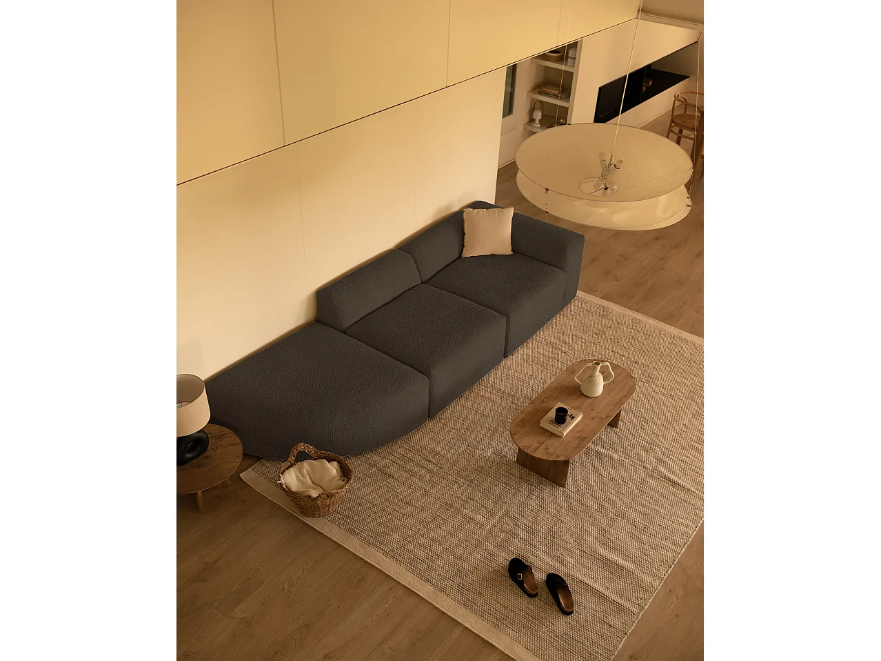 Sofá de 3 módulos con curva izquierda de bouclé color gris oscuro 320x70x110cm - BERTA - DECOWOOD