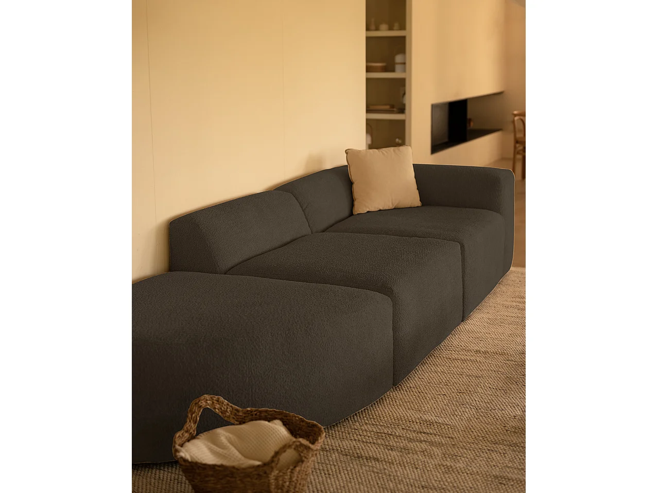 Sofá de 3 módulos con curva izquierda de bouclé color gris oscuro 320x70x110cm - BERTA - DECOWOOD