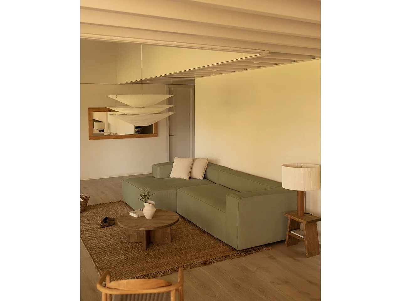 Sofá de 4/5 plazas con chaise longue izquierdo de pana lima 300x70x175cm - LOLA - DECOWOOD