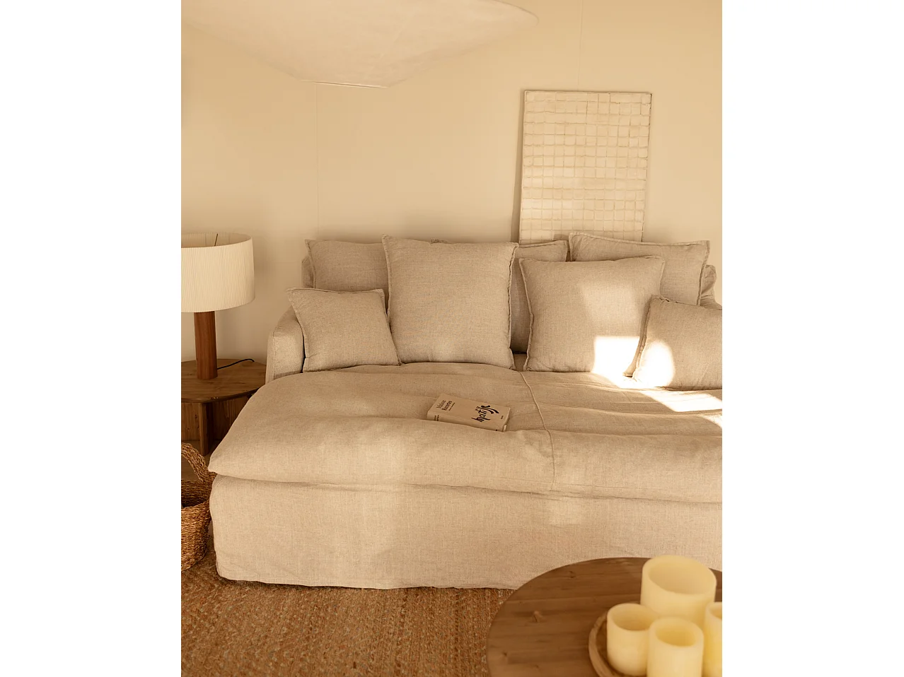 Sofá 2 plazas fondo largo de algodón y lino desenfundable beige 200x95x170cm - MIA - DECOWOOD