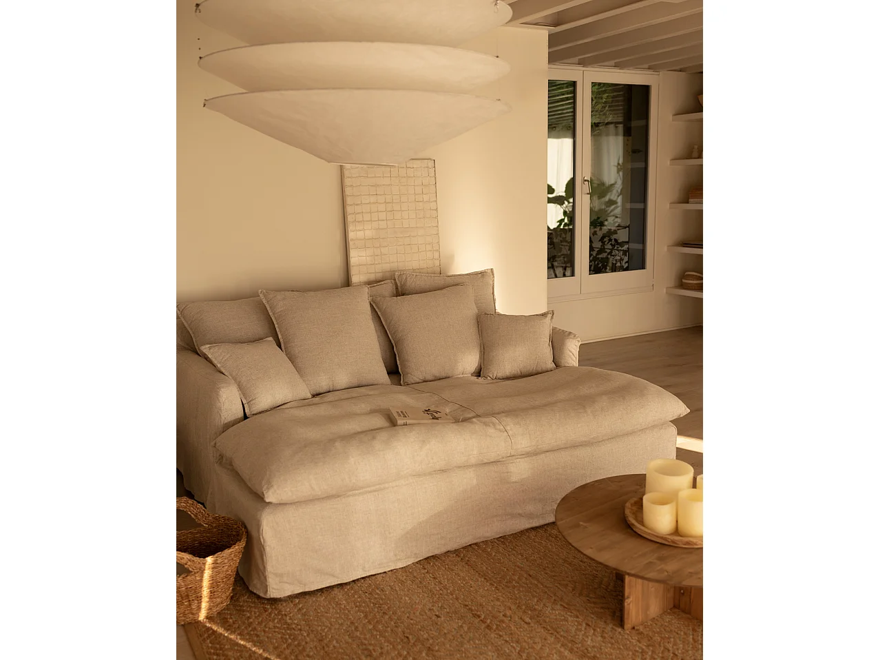 Canapé 2 places à profondeur longue coton et lin déhoussable beige