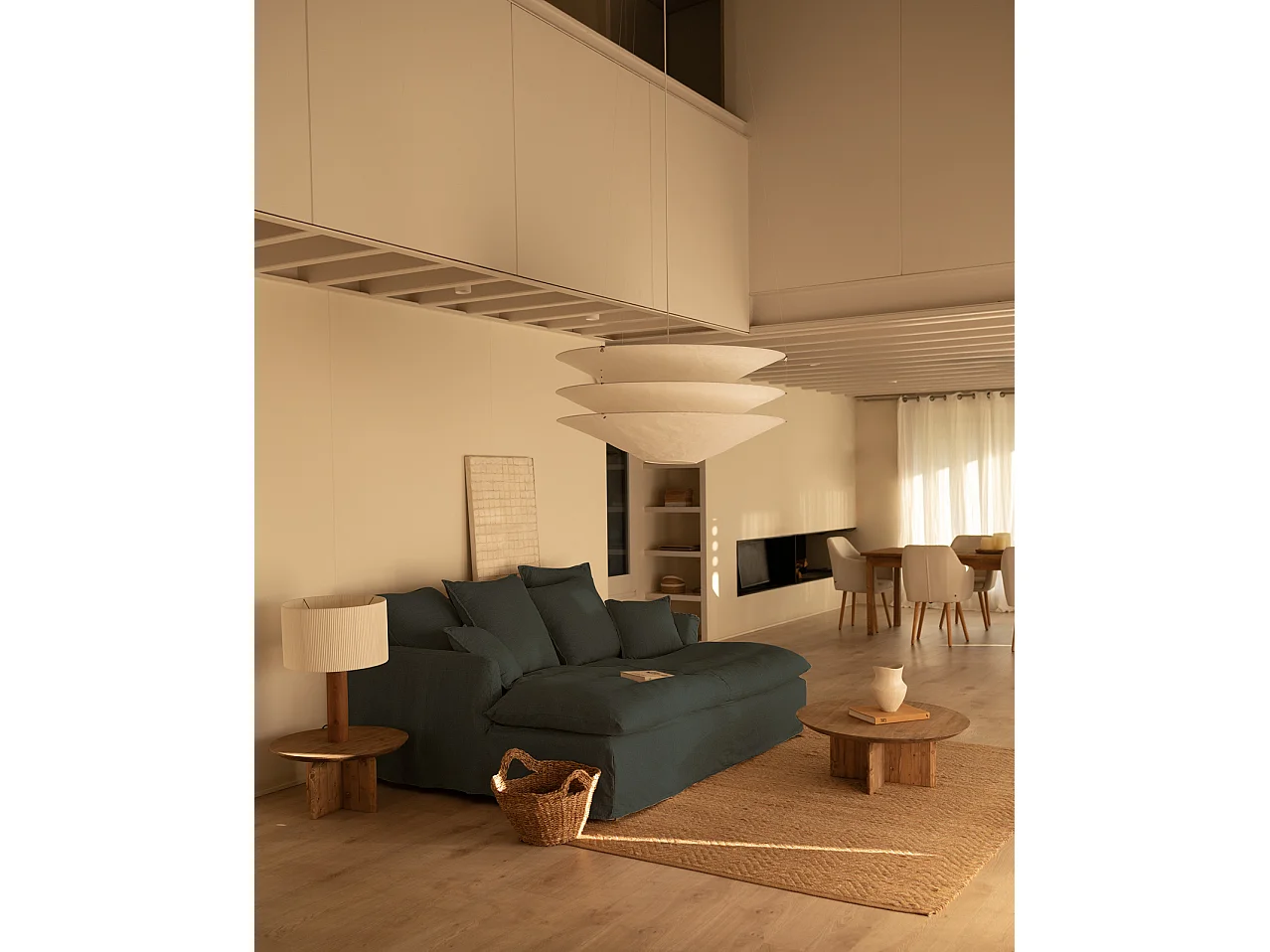 Sofá 2/3 plazas fondo largo de algodón y lino desenfundable azul 250x95x170cm - MIA - DECOWOOD