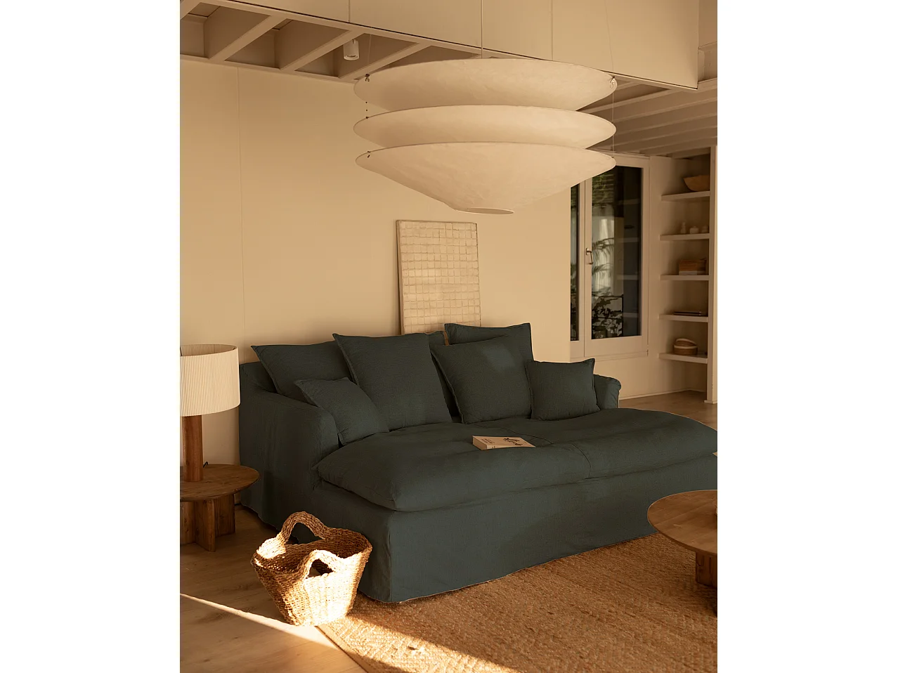 Sofá 2/3 plazas fondo largo de algodón y lino desenfundable azul 250x95x170cm - MIA - DECOWOOD