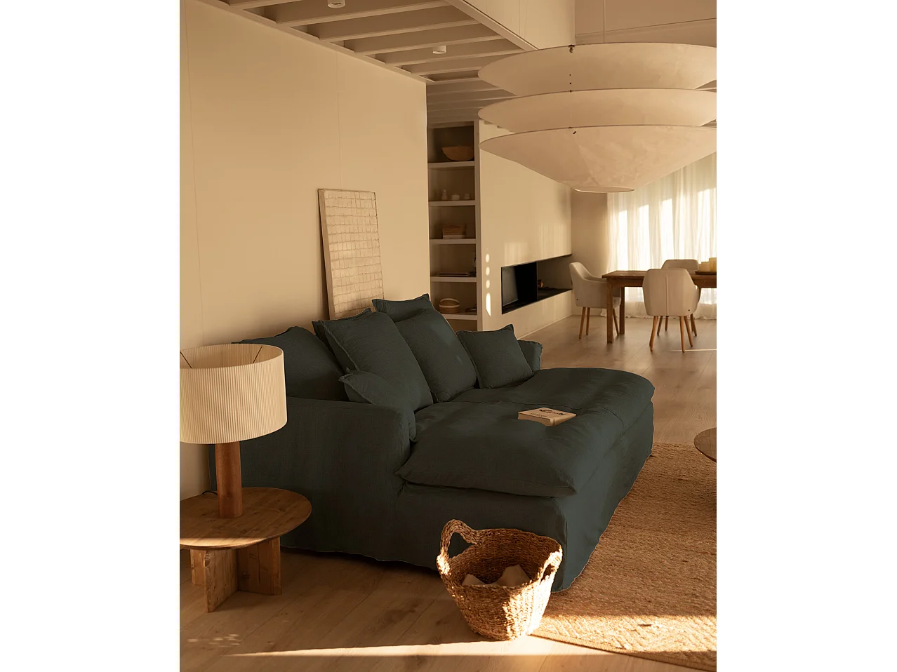 Sofá 2/3 plazas fondo largo de algodón y lino desenfundable azul 250x95x170cm - MIA - DECOWOOD