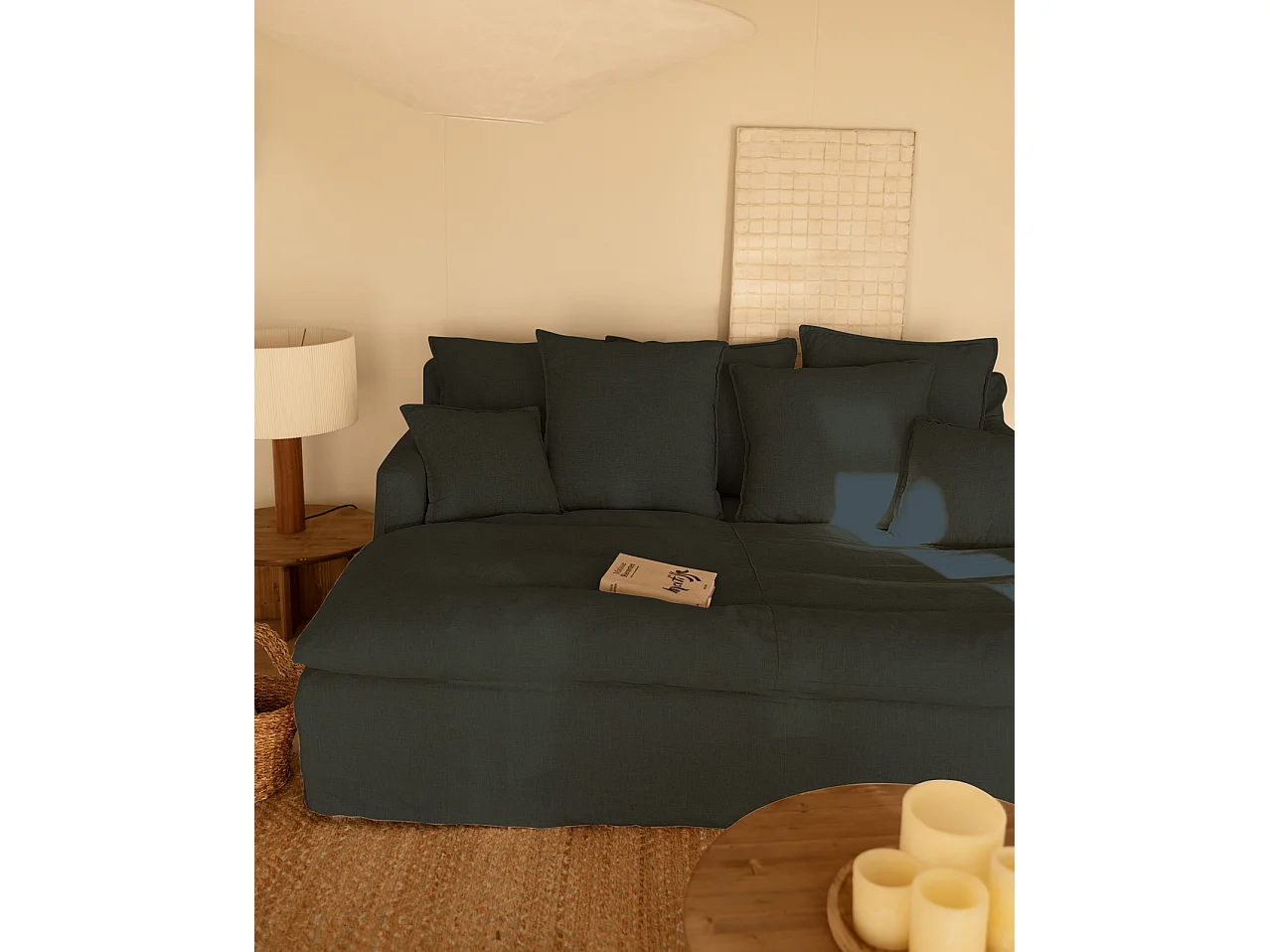 Sofá 2/3 plazas fondo largo de algodón y lino desenfundable azul 250x95x170cm - MIA - DECOWOOD