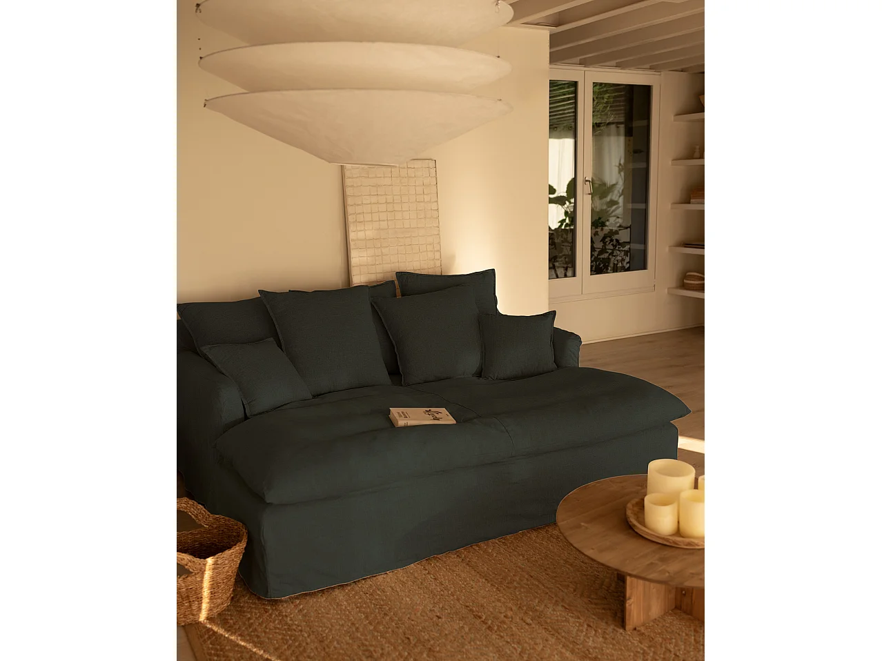 Sofá 2/3 plazas fondo largo de algodón y lino desenfundable azul 250x95x170cm - MIA - DECOWOOD