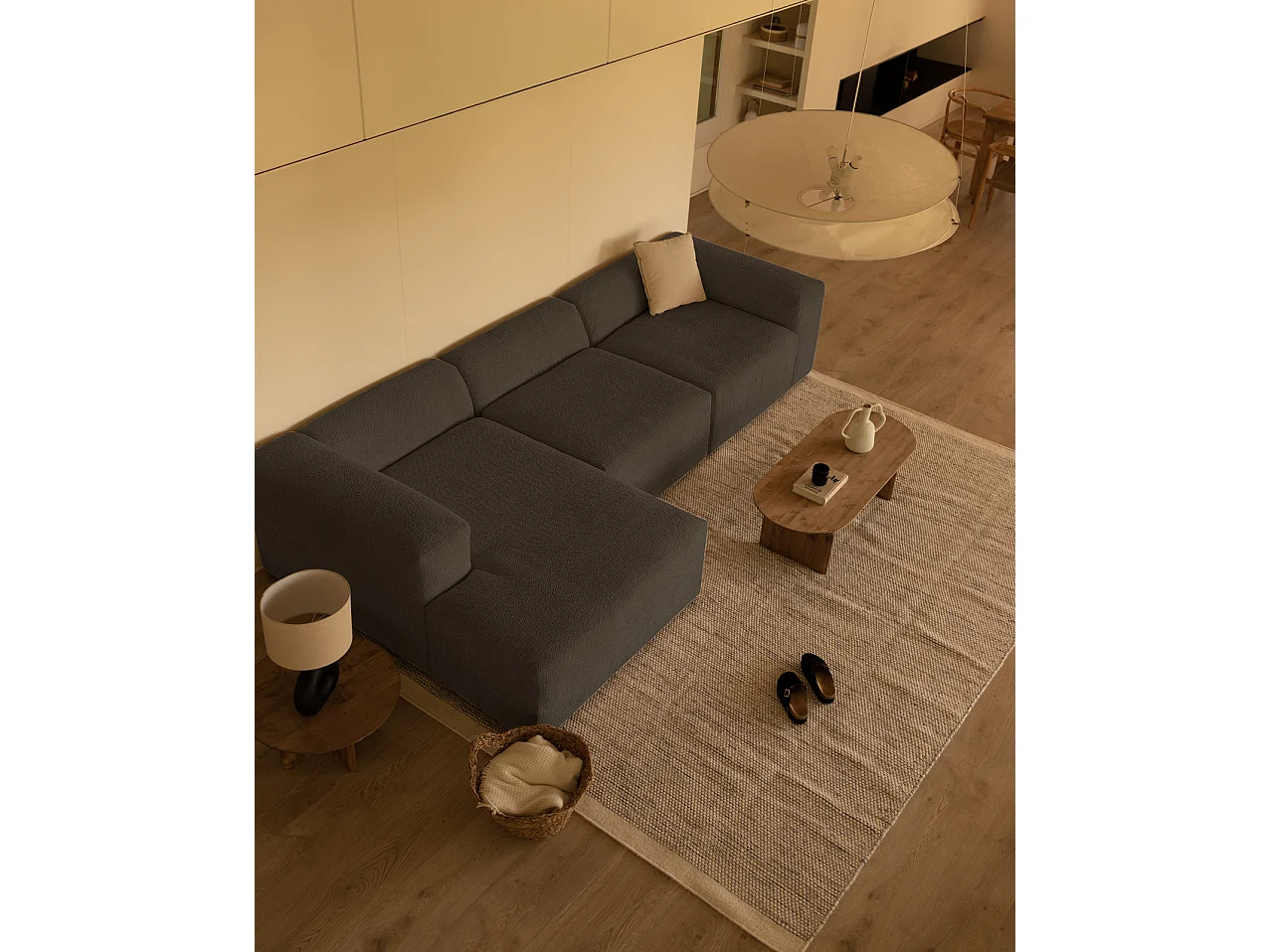 Sofá de 3 módulos con chaise longue izquierdo de bouclé gris oscuro 330x70x172cm - BERTA - DECOWOOD