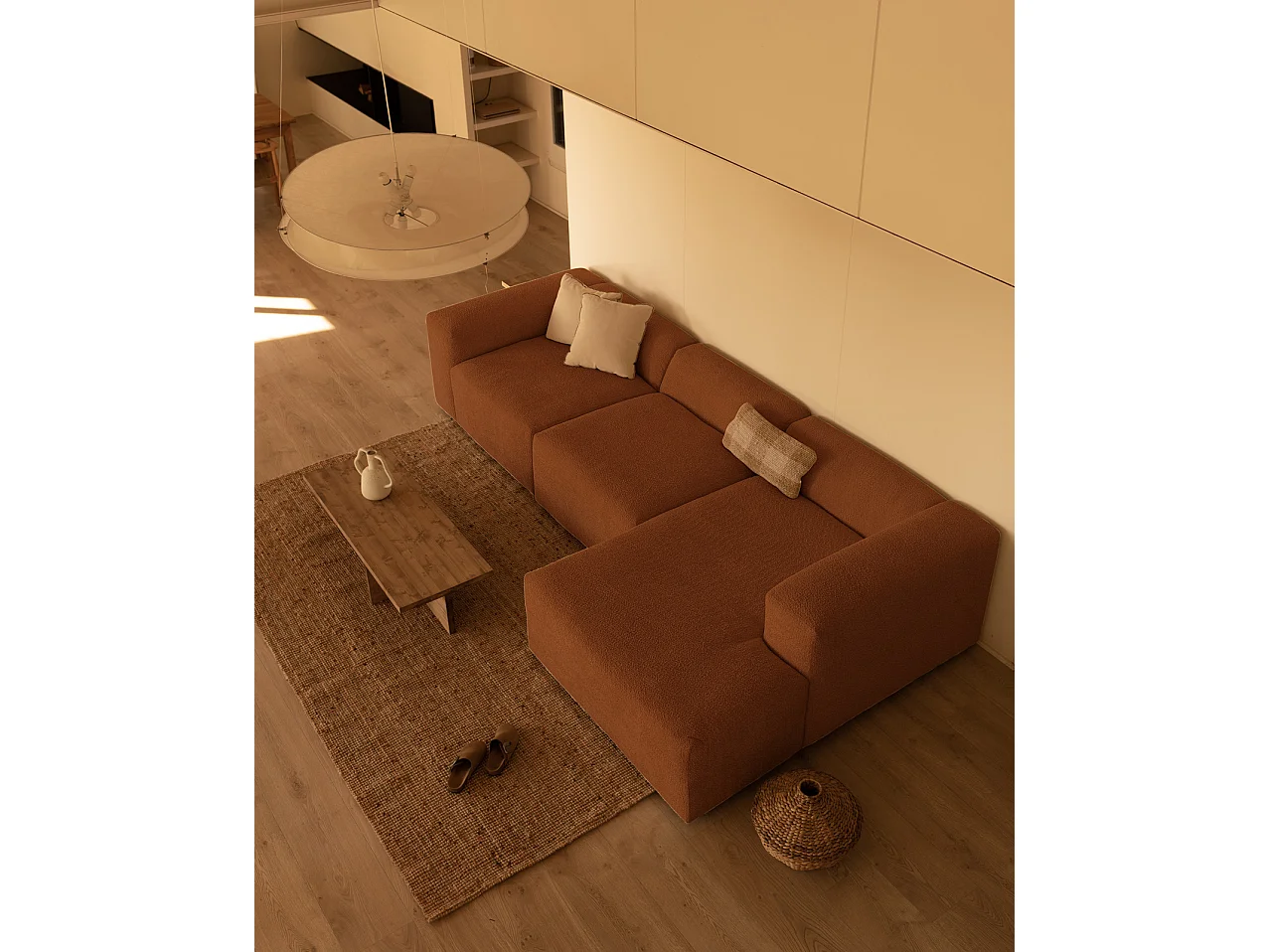Sofá de 3 módulos con chaise longue derecho de bouclé cobre 330x70x172cm - BERTA - DECOWOOD
