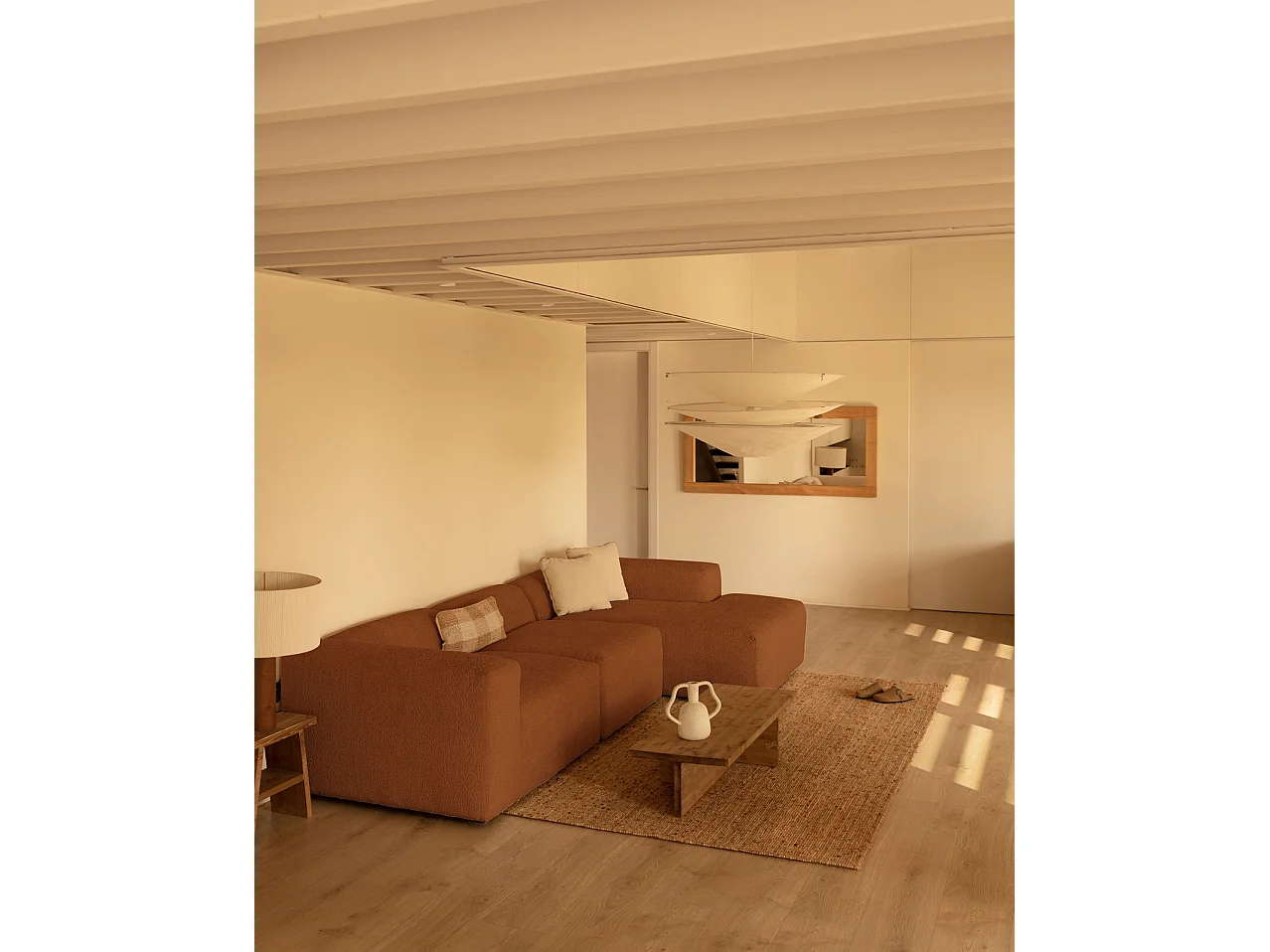 Sofá de 3 módulos con chaise longue derecho de bouclé cobre 330x70x172cm - BERTA - DECOWOOD