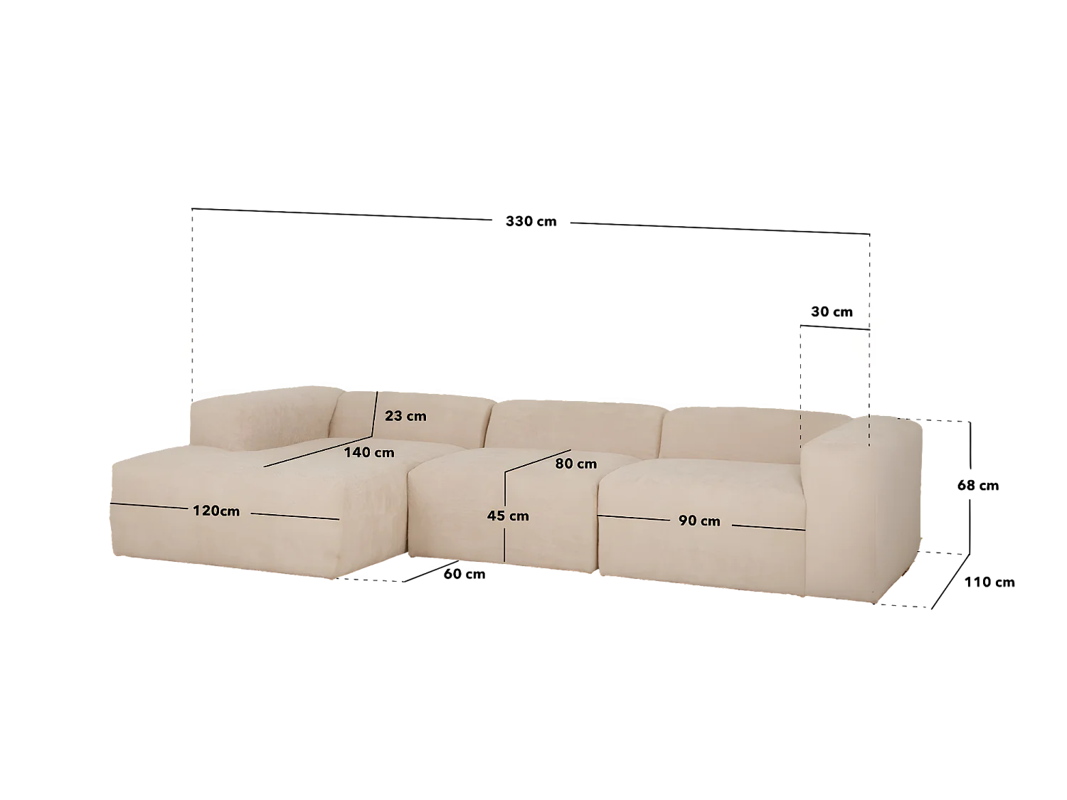 Sofá de 3 módulos con chaise longue derecho de bouclé gris claro 330x70x172cm - BERTA - DECOWOOD