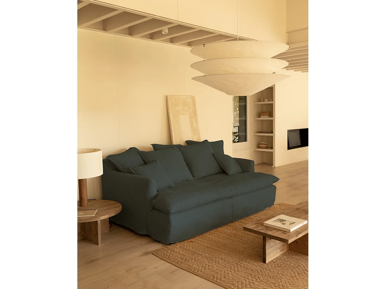 Sofá 2/3 plazas fondo medio de algodón y lino desenfundable azul 250x95x130cm - MIA - DECOWOOD