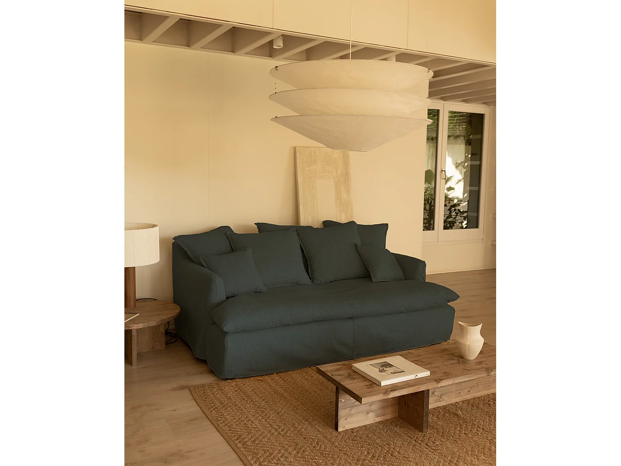 Sofá 2/3 plazas fondo medio de algodón y lino desenfundable azul 250x95x130cm - MIA - DECOWOOD