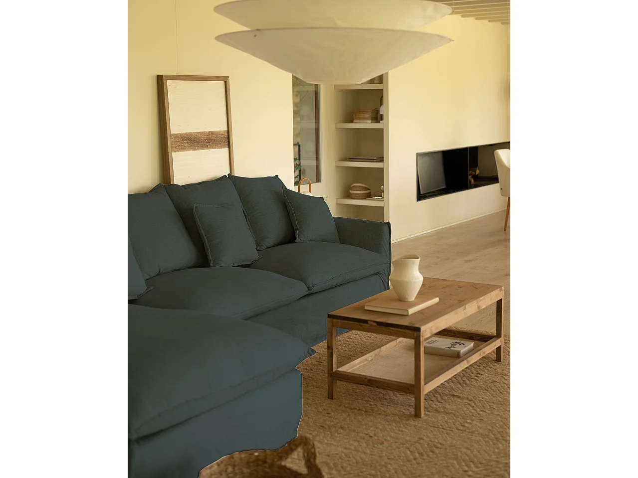 Sofá con chaise longue izquierdo desenfundable azul 3 plazas 278x95x170cm - MIA - DECOWOOD