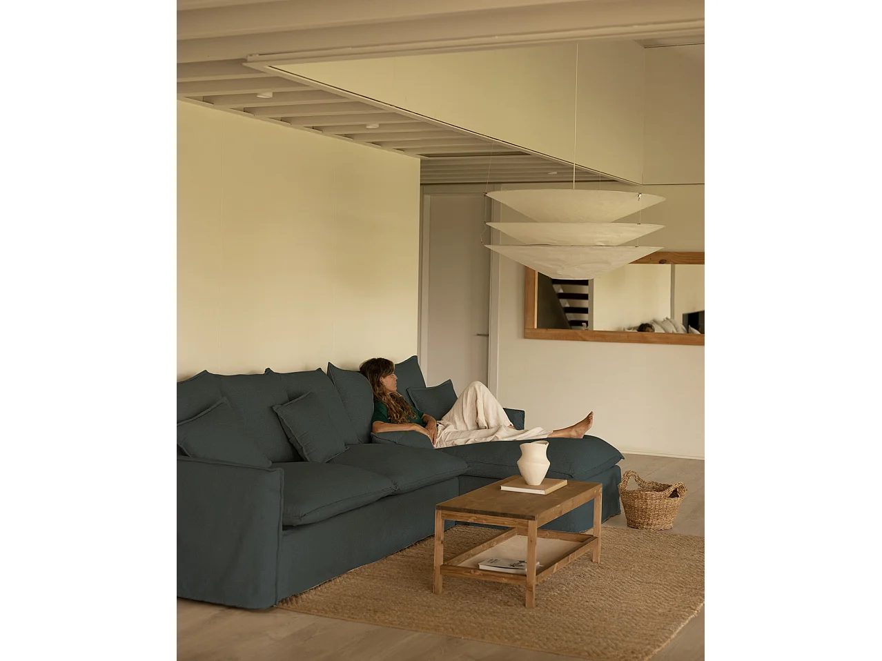 Sofá con chaise longue derecho desenfundable azul 4/5 plazas 310x95x170cm - MIA - DECOWOOD