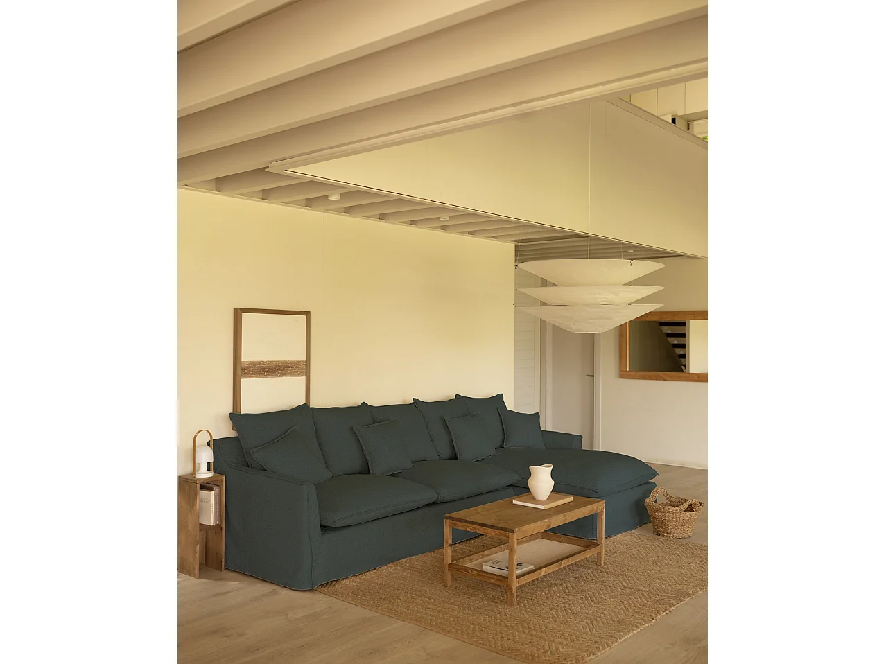 Sofá con chaise longue derecho desenfundable azul 4/5 plazas 310x95x170cm - MIA - DECOWOOD