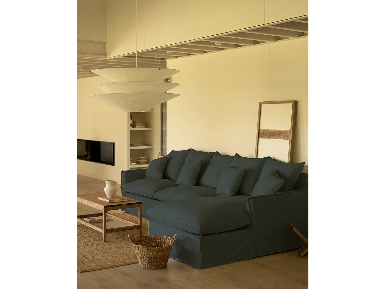 Sofá con chaise longue derecho desenfundable azul 4/5 plazas 310x95x170cm - MIA - DECOWOOD