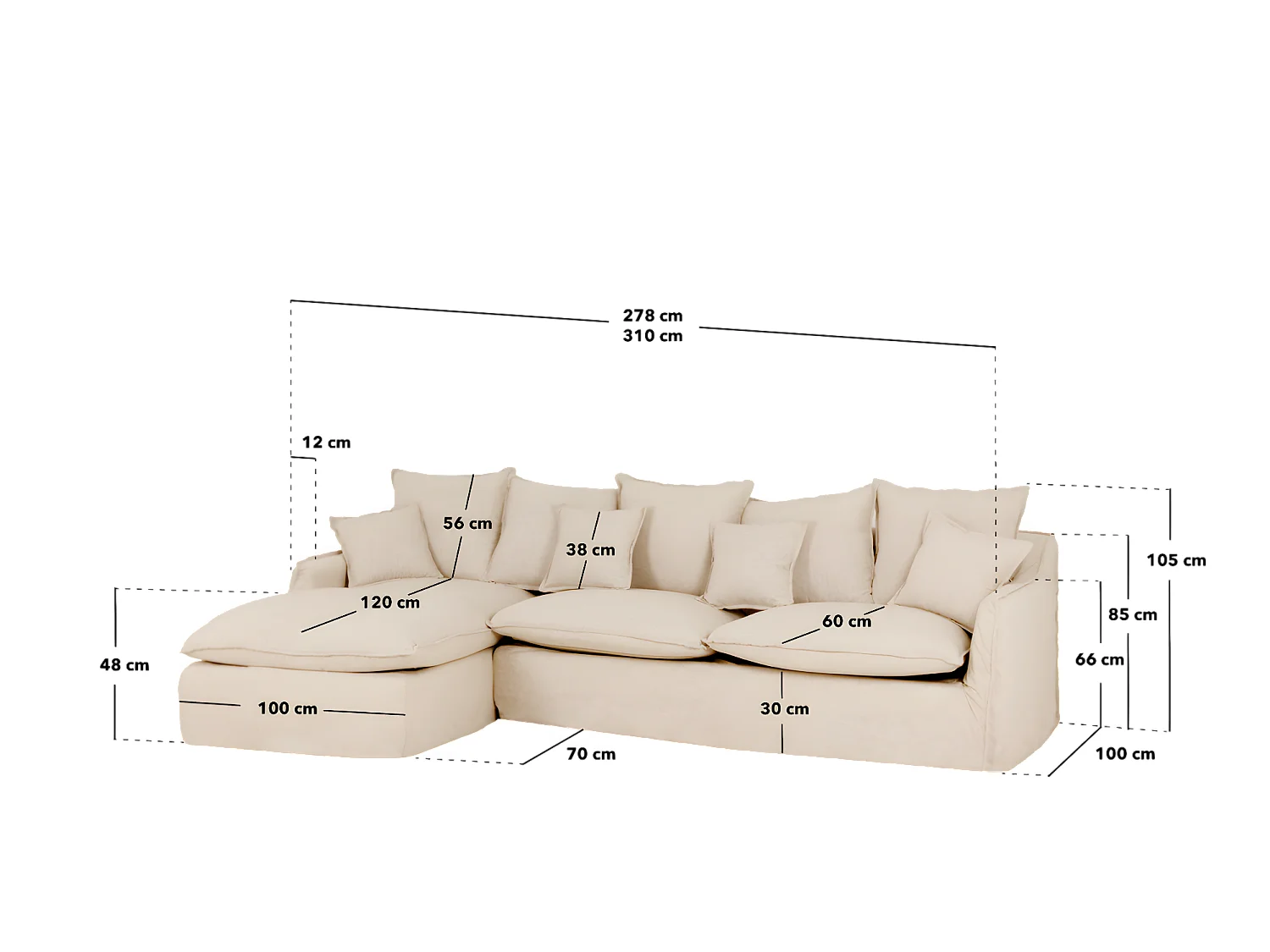 Sofá con chaise longue derecho desenfundable azul 4/5 plazas 310x95x170cm - MIA - DECOWOOD