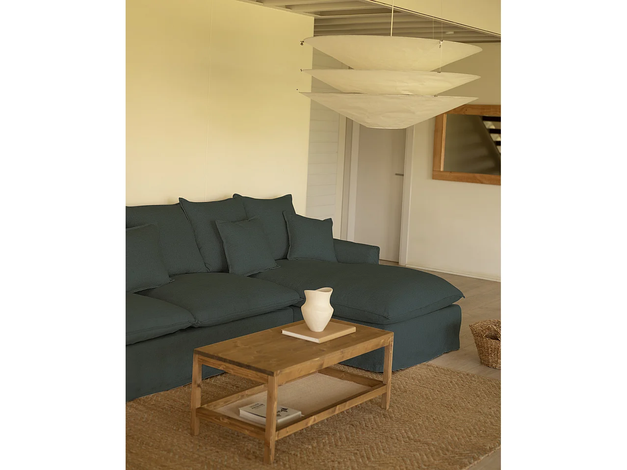 Sofá con chaise longue derecho desenfundable azul 4/5 plazas 310x95x170cm - MIA - DECOWOOD