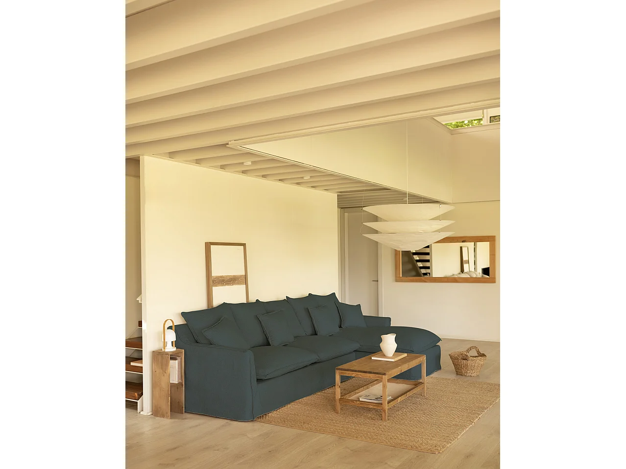 Sofá con chaise longue derecho desenfundable azul 4/5 plazas 310x95x170cm - MIA - DECOWOOD