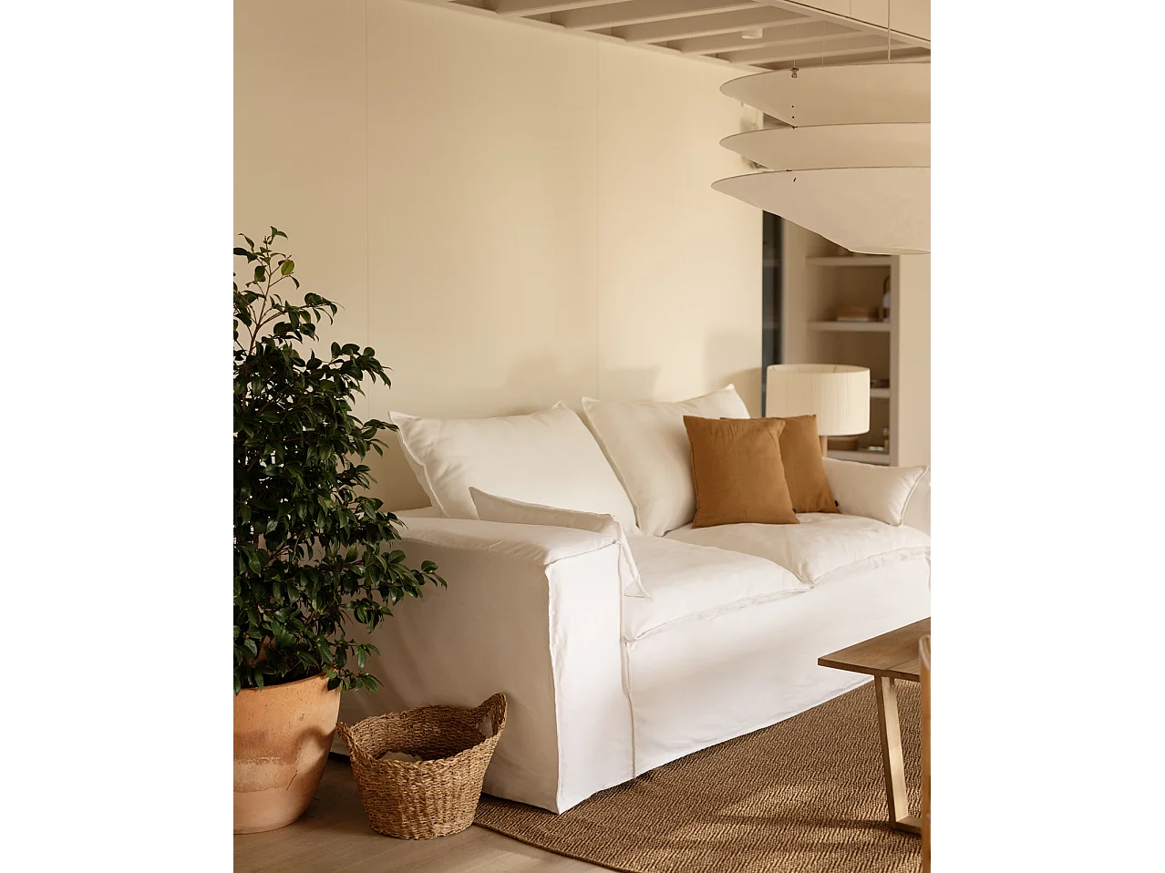 Sofá de 3/4 plazas de lino desenfundable color blanco 210x90x110cm - VEGA - DECOWOOD