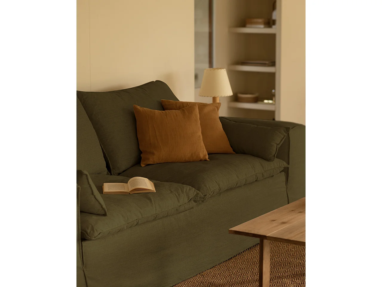 Sofá de 4 plazas de lino desenfundable color verde 260x90x110cm - VEGA - DECOWOOD