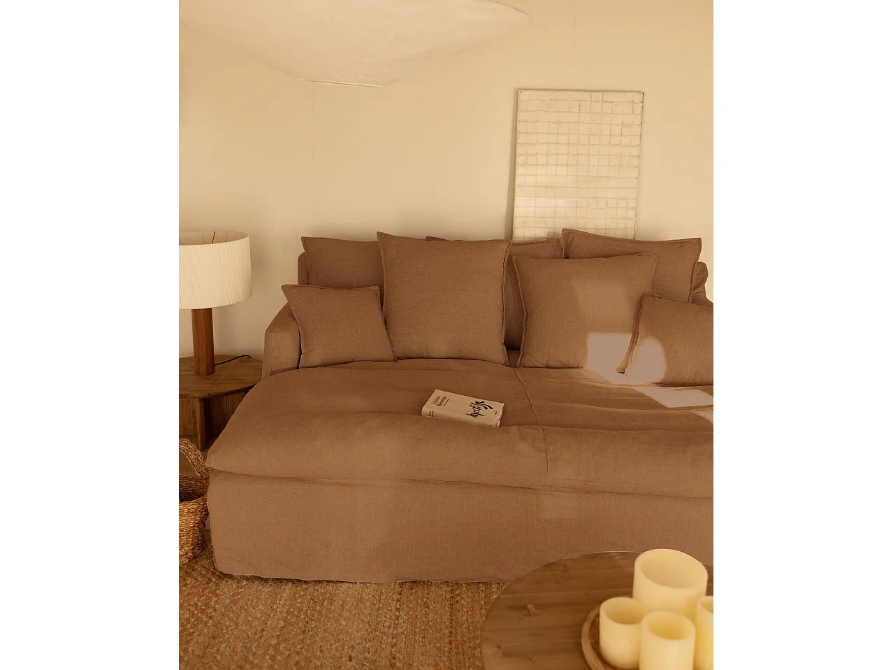 Sofá 2/3 plazas fondo largo de algodón y lino desenfundable teja 250x95x170cm - MIA - DECOWOOD