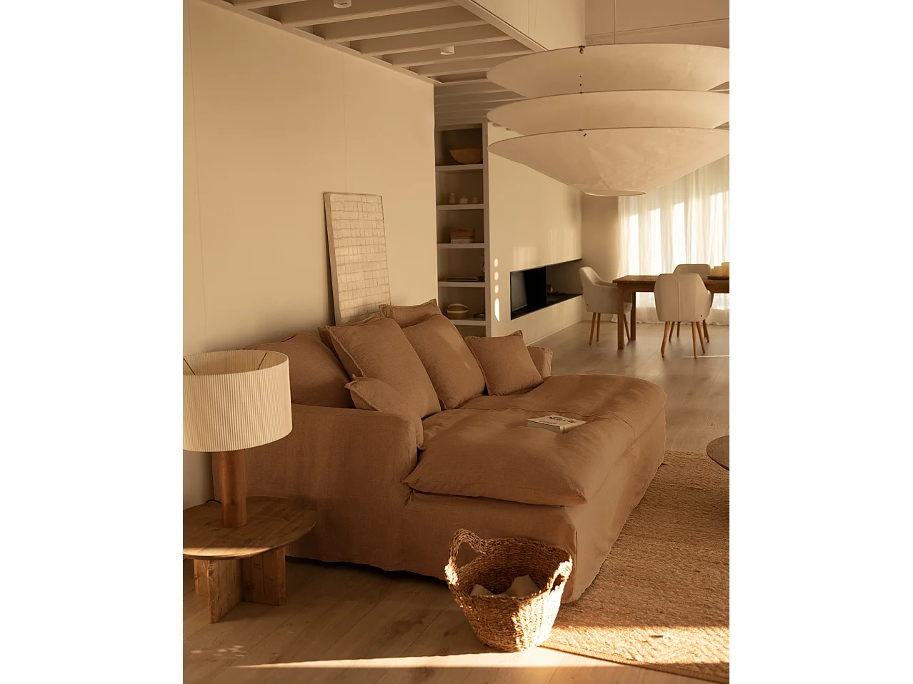 Sofá 2/3 plazas fondo largo de algodón y lino desenfundable teja 250x95x170cm - MIA - DECOWOOD