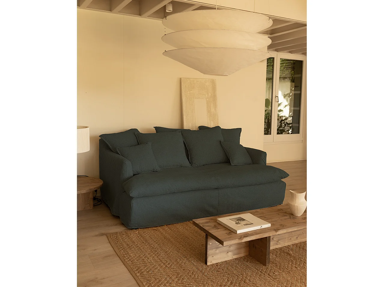 Sofá 2 plazas fondo medio de algodón y lino desenfundable azul 200x95x130cm - MIA - DECOWOOD