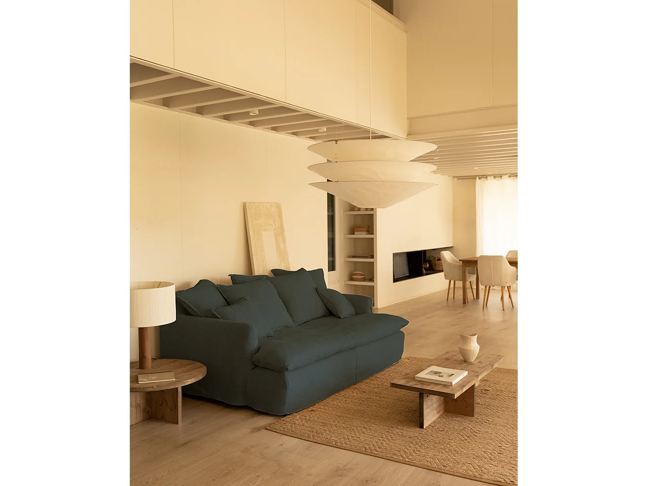 Sofá 2 plazas fondo medio de algodón y lino desenfundable azul 200x95x130cm - MIA - DECOWOOD