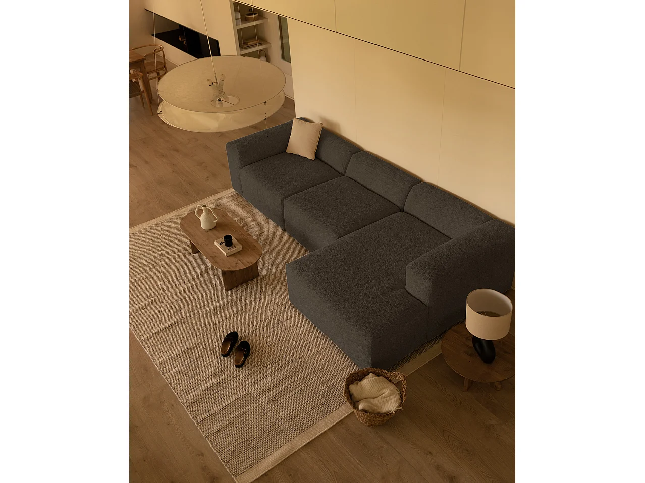 Sofá de 3 módulos con chaise longue derecho de bouclé gris oscuro 330x70x172cm - BERTA - DECOWOOD