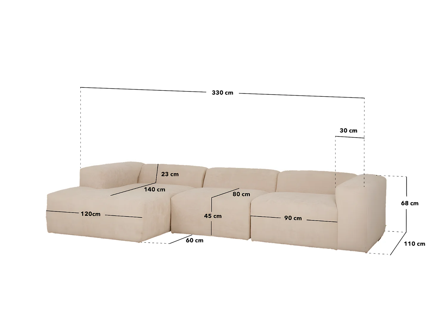 Divano a 3 moduli con CHL destra bouclé colore grigio scuro 330x172cm