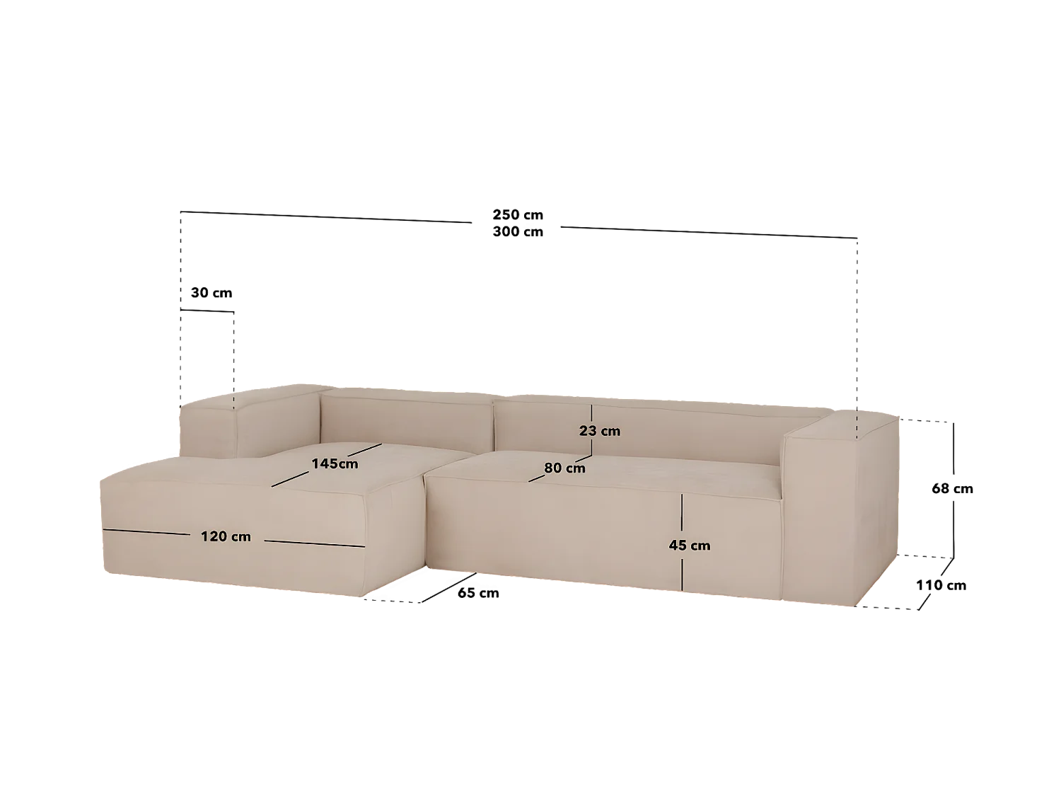 Sofá de 2 plazas con chaise longue derecho de pana beige 250x70x175cm - LOLA - DECOWOOD